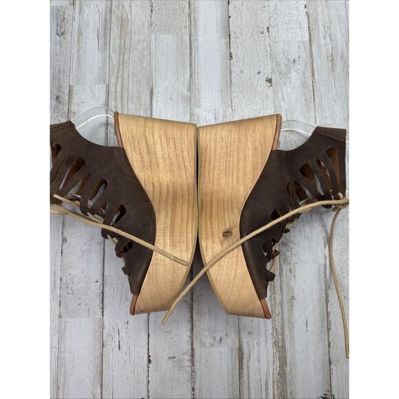 MUSSE & CLOUD Boho Nubuck Leather Lace Up Wooden Platform Wedge Sandals 39/8 - Picture 7 of 12
